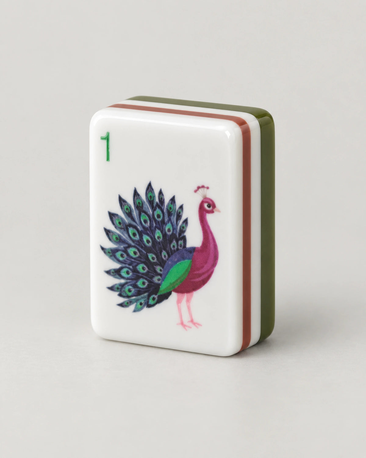 Olivine mahjong tiles, lotus and Lion Dance design, close-up of a single tile