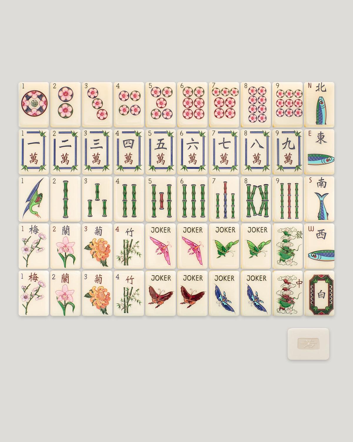 Ivory mahjong tiles Calla, traditional floral art, tiles in a compact layout