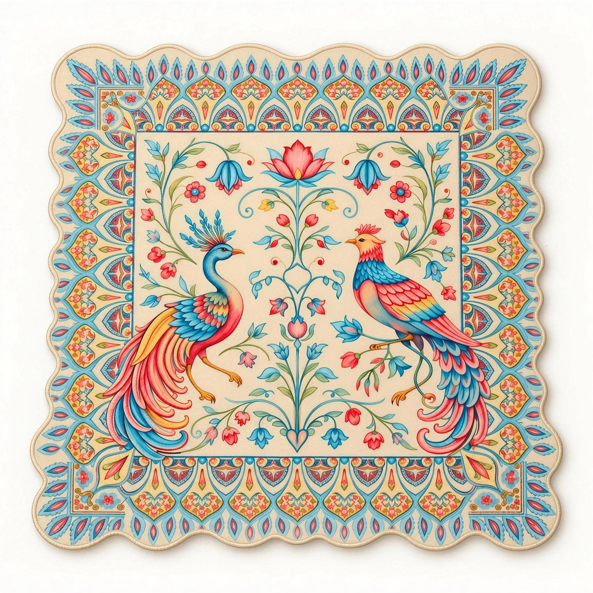 Scalloped mahjong mat Pavo with a retro double peacock design and a turquoise and coral border, front view