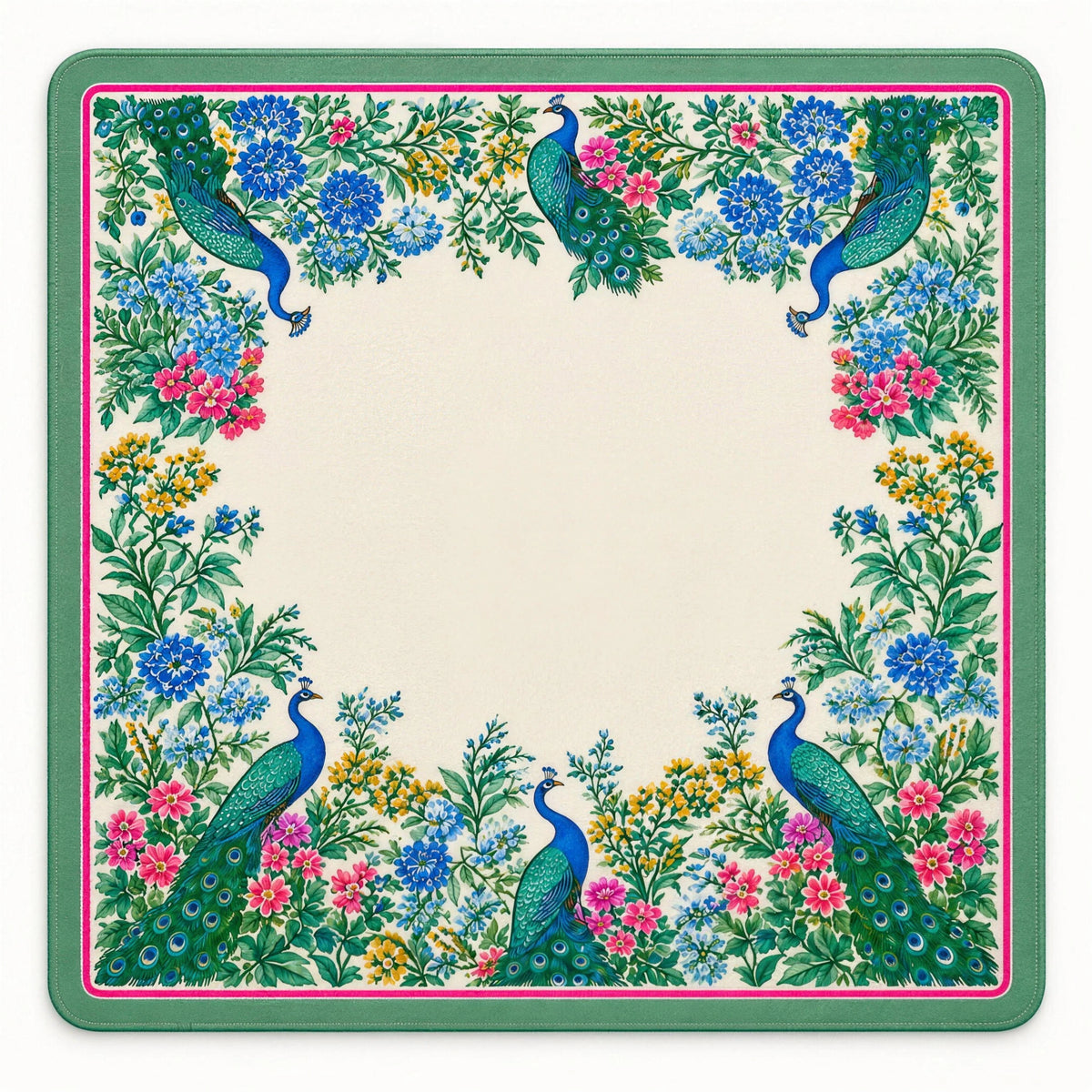 Floral mahjong mat Peonia with six peacocks among blue and pink flowers, a cream center and a green and pink edge