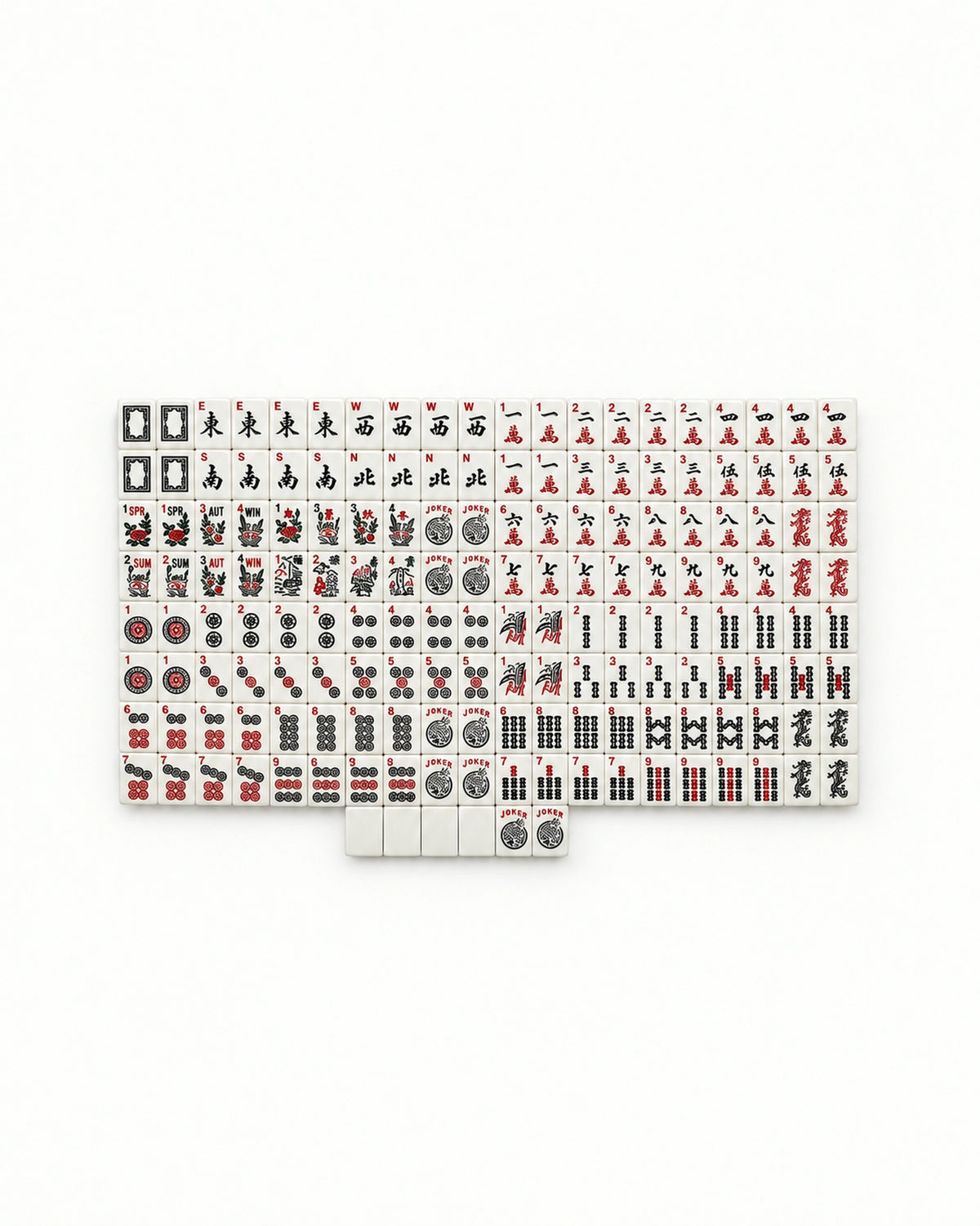 The full Poppy tile set laid out in rows of craks, dots, bams, winds, flowers, Jokers and blanks