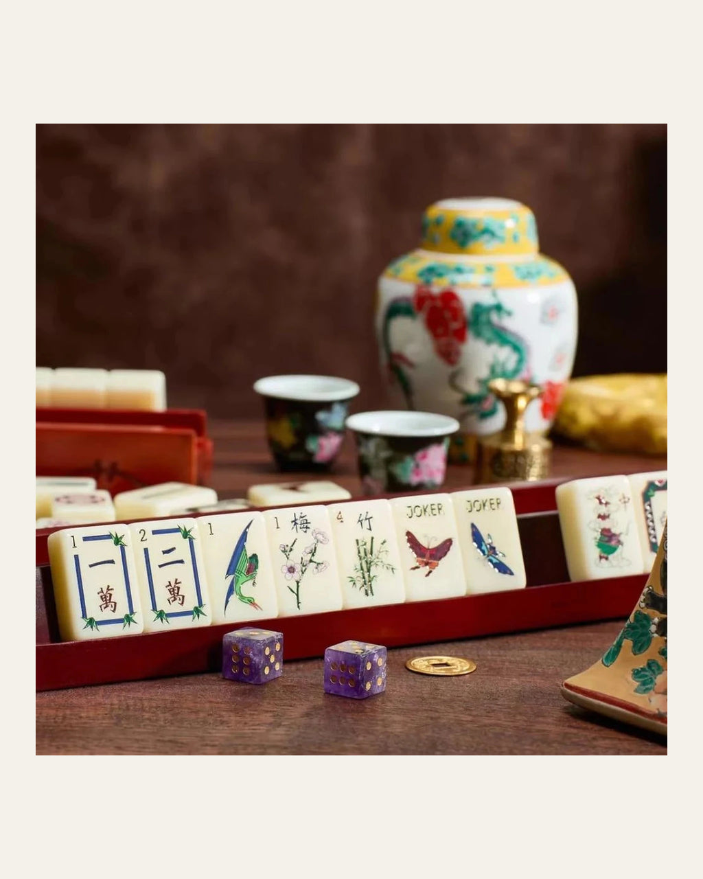 Porcelaine - Ivory Mahjong Tiles - Traditional Floral Art - Compact view