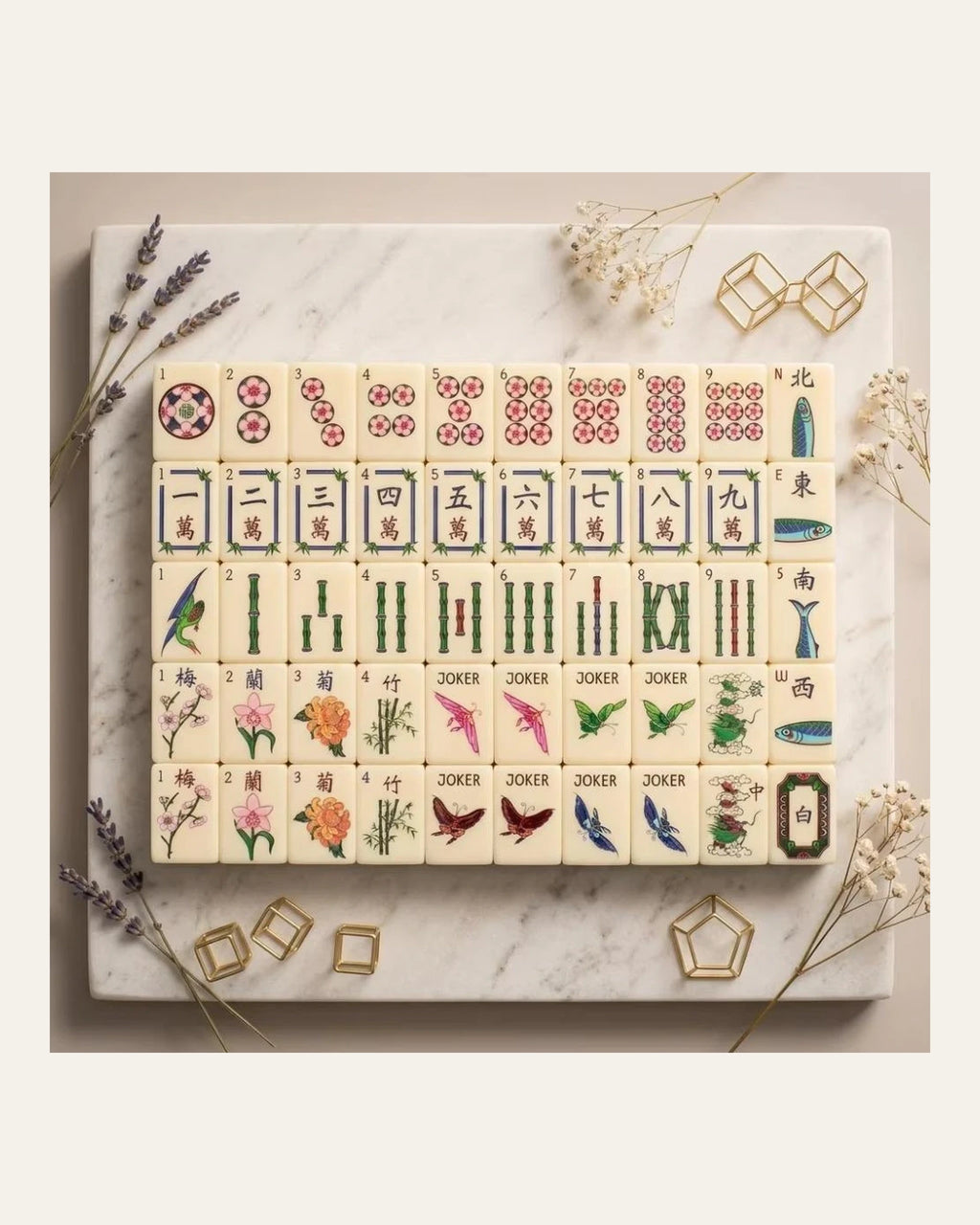 Porcelaine - Ivory Mahjong Tiles - Traditional Floral Art - Full view