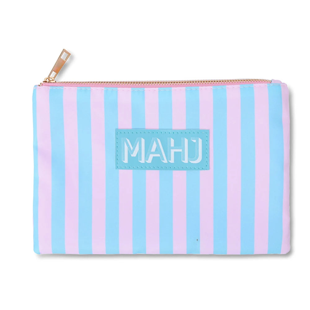 Raffia in pink and light blue stripes with a light blue MAHJ patch on the front