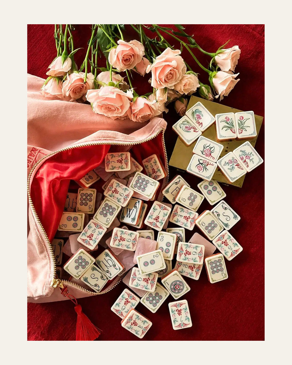 Roseveil - Pink Pearl Mahjong Tiles - Ivory Faces - Full view