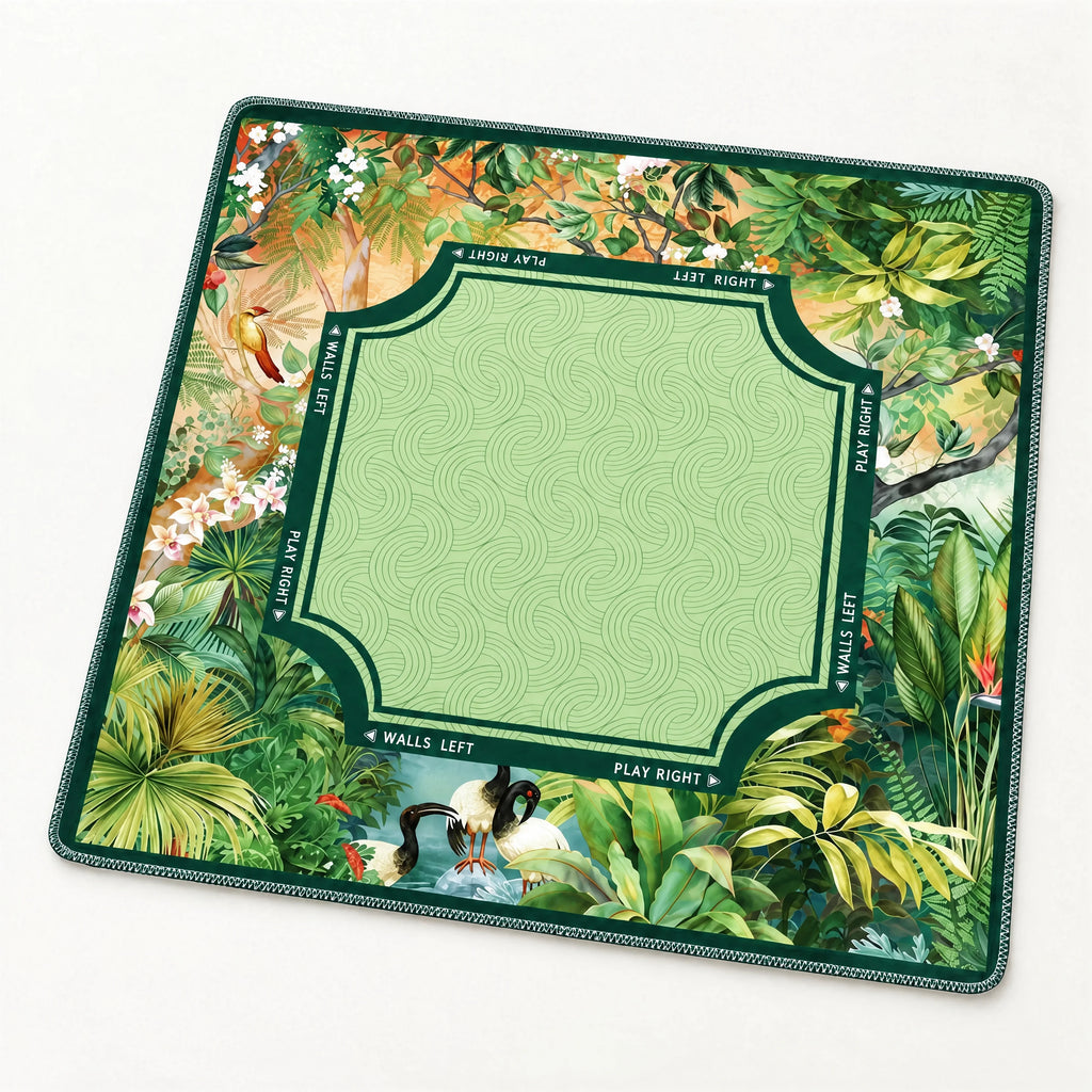 Selva mat at an angle, showing the dark green edge, ibis corner and printed Play Right, Walls Left labels