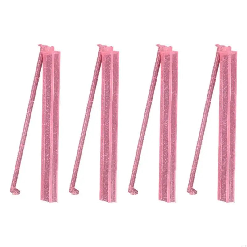Pink glitter Snowdrop racks shown upright in a row of four, each arm swung out to the lower left