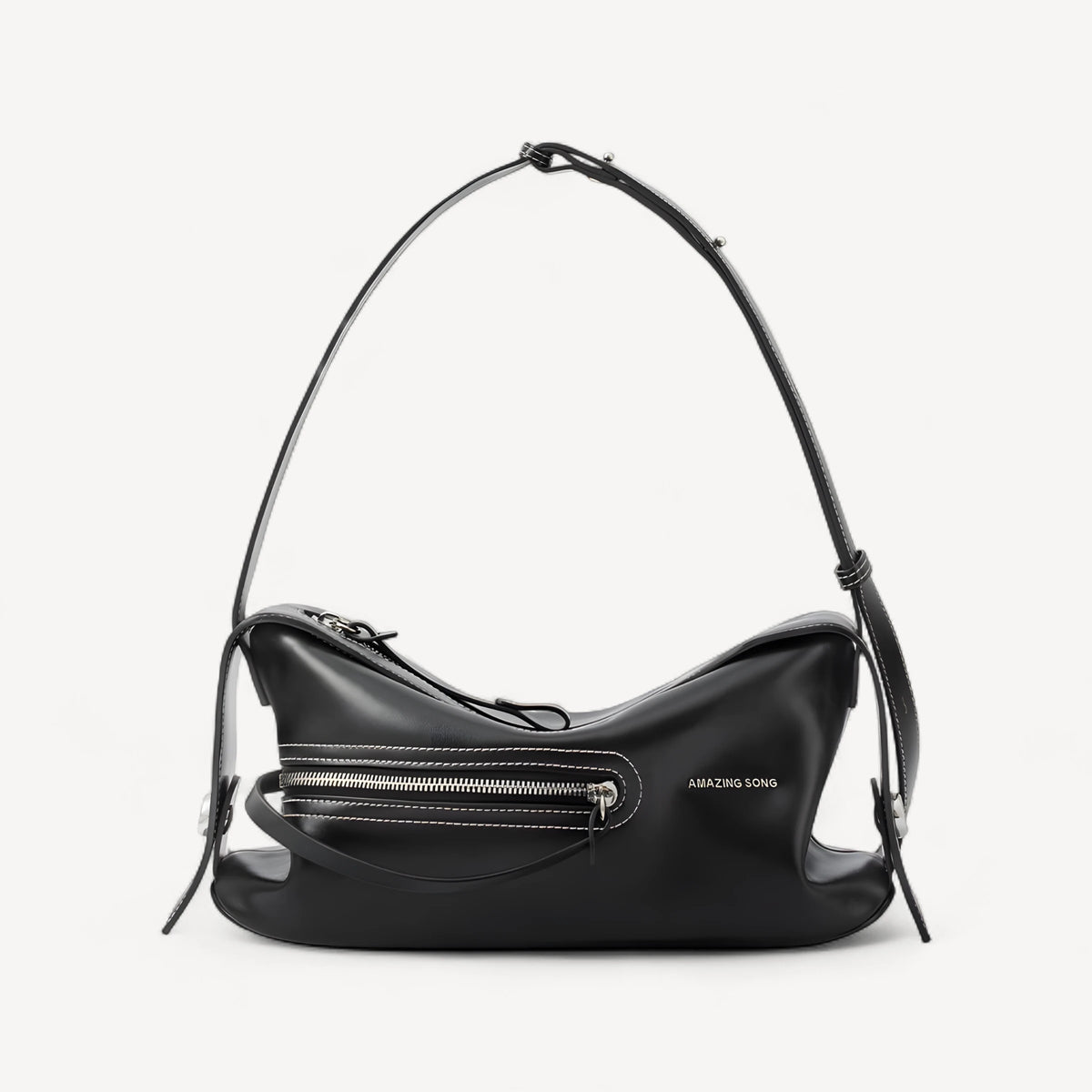 Black Sorrel from the front: curved crescent body, white contrast stitching, zip front pocket and buckled strap