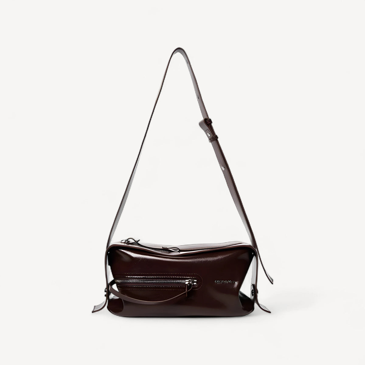 Mahjong leather shoulder bag in glossy dark chocolate with a zip front pocket and a long adjustable strap