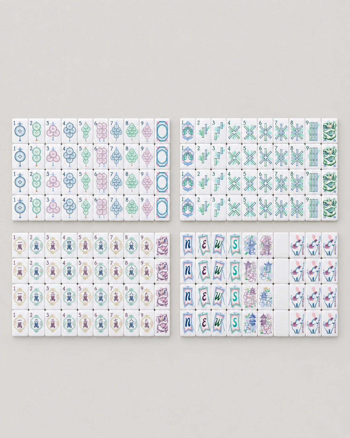 Sylvan mahjong tiles, willow green backs, the full set laid out