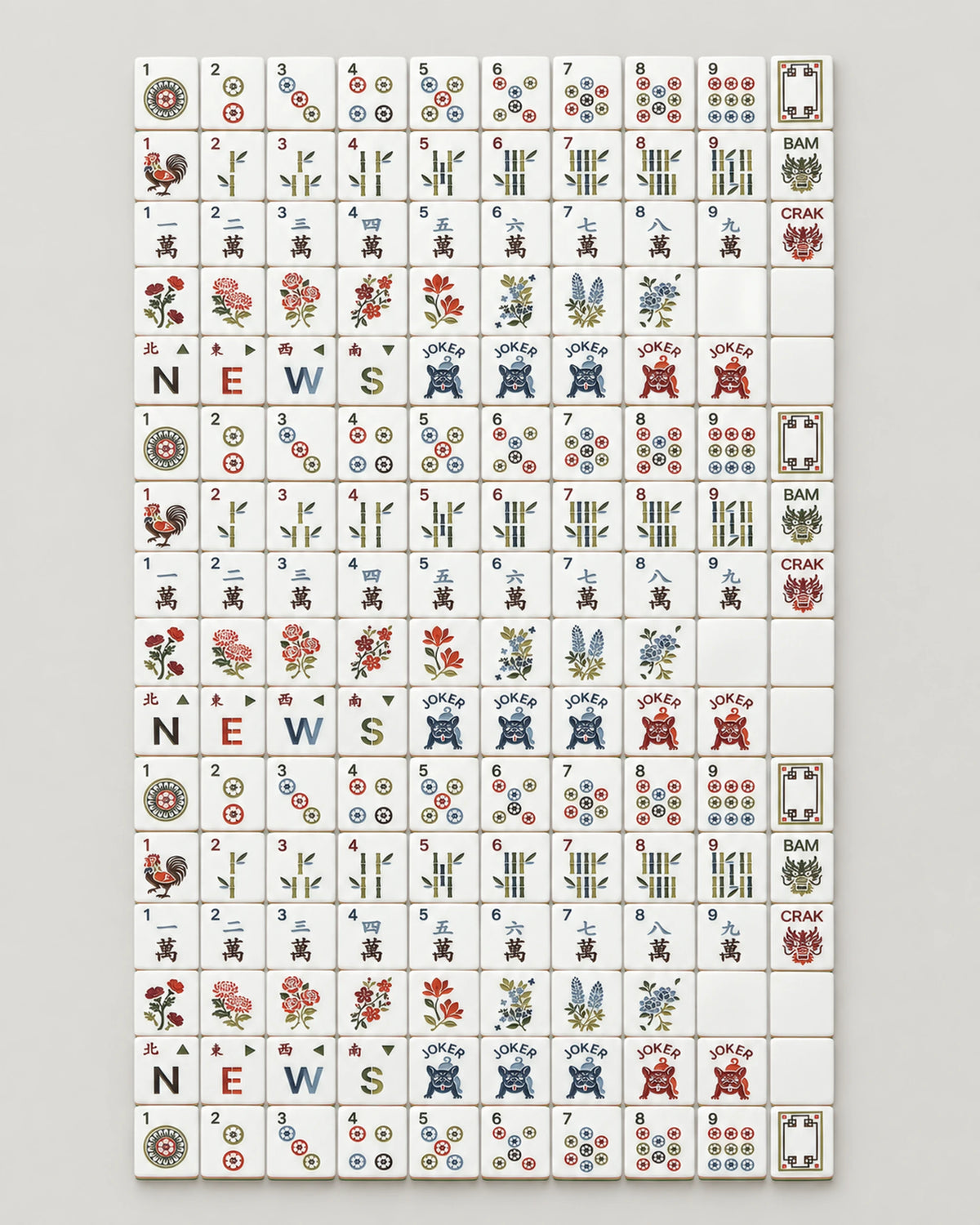 Tamarind set laid out in rows of dots, bamboo, characters, flowers, winds and bulldog Joker tiles