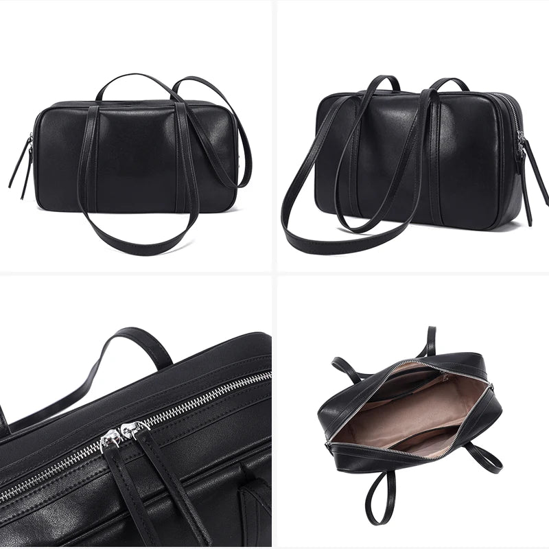 Teak details: the zip top with two pulls, the beige lining with a zipped pocket and the stitched straps