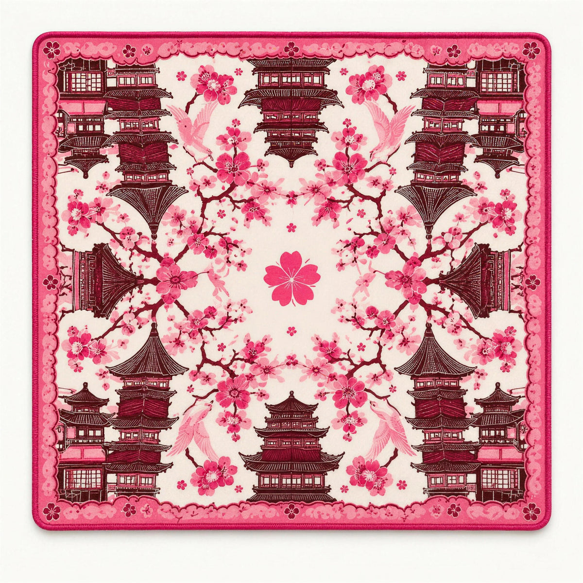 Chinoiserie mahjong mat Temple in pink, with burgundy temples, cranes, cherry blossoms and a sakura flower at the center