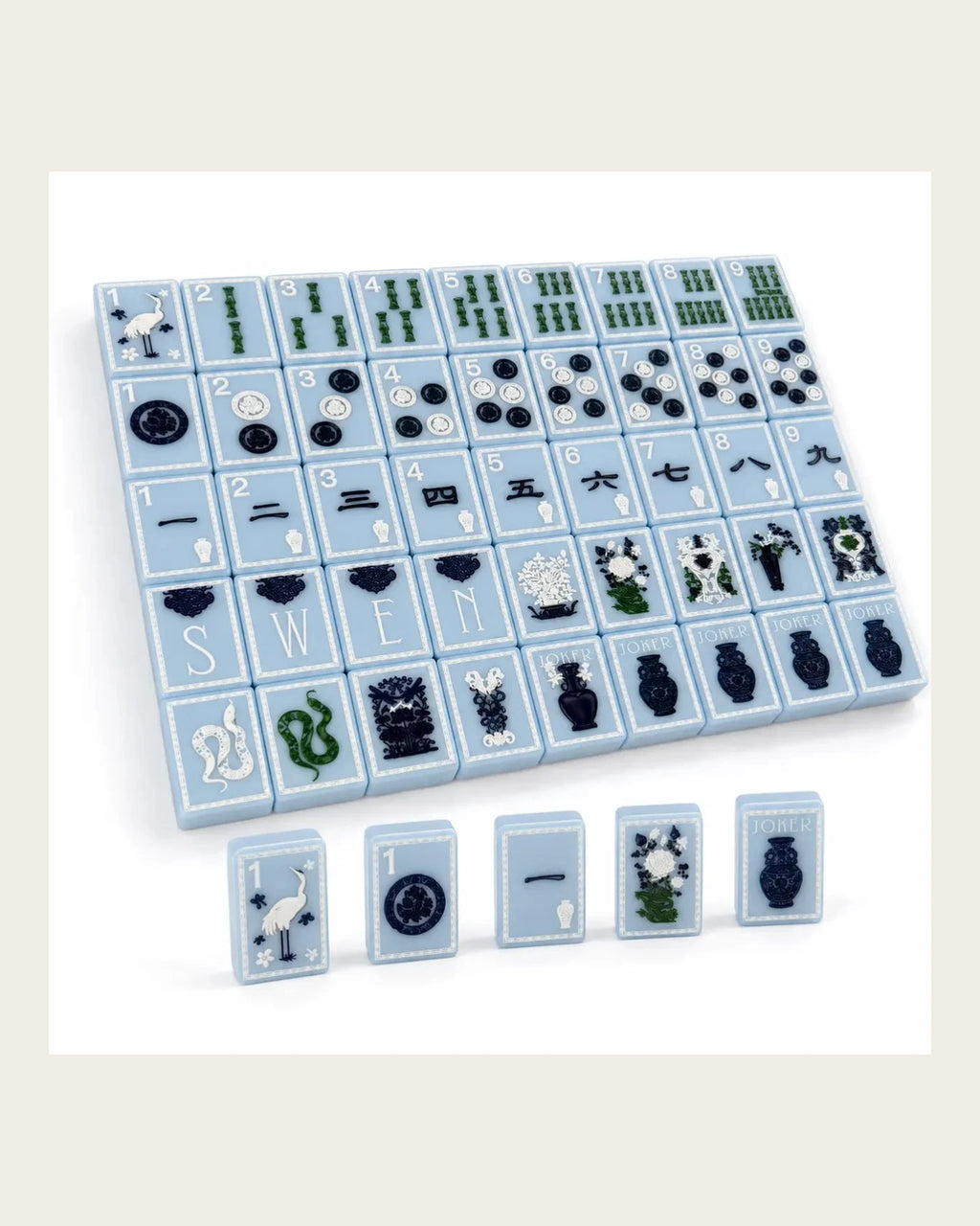 Willow - Chinoiserie Mahjong Tiles - Blue Porcelain-Inspired Art - Full view