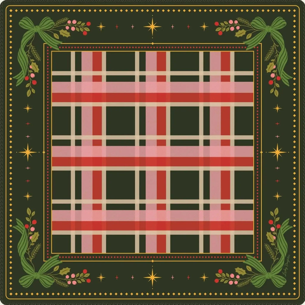 Yuletide mat laid flat, showing its rounded corners, dark outer edge and the gold dotted line around the green border