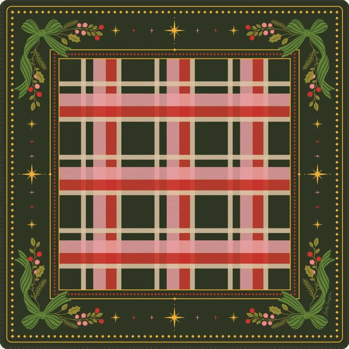 Yuletide mat laid flat, showing its rounded corners, dark outer edge and the gold dotted line around the green border