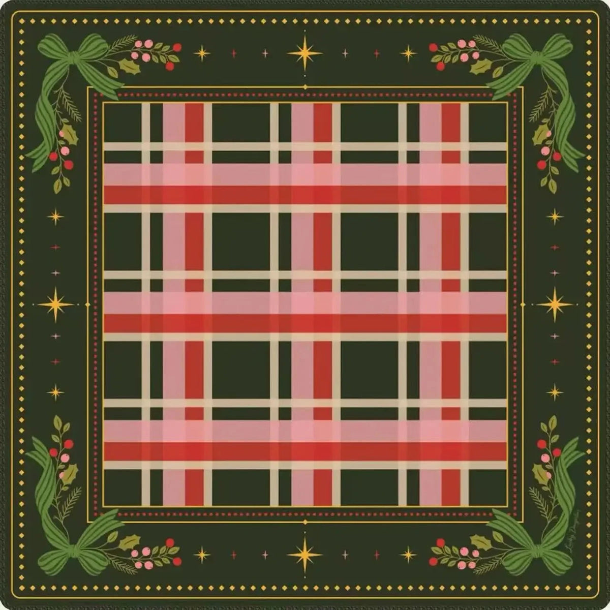 Christmas mahjong mat seen from above: pink and red tartan on fir green, with holly, bows and gold stars on the border